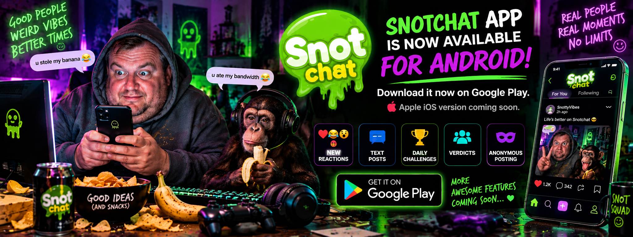 Snotchat app is now available for Android. Apple iOS version coming soon.